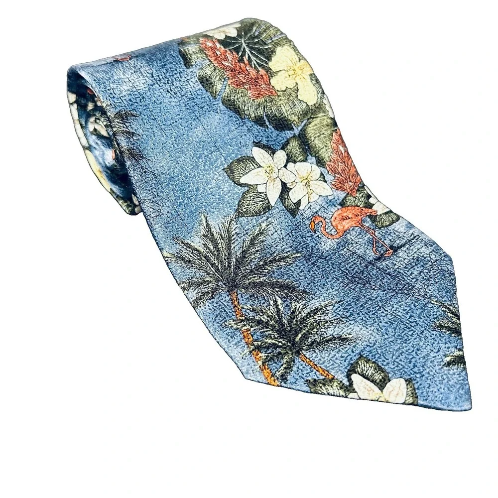 Tropicals by Tango Mens Silk Tie Blue Flamingo Palm Tree Floral USA 58x4 Vintage